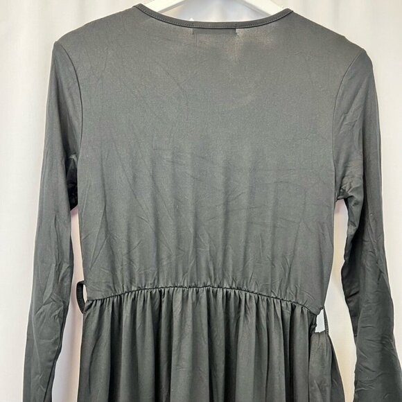 Levaca Womens Dress Black Midi Belted Long Sleeve Diagonal Ruffle Artsy S New - Picture 7 of 12